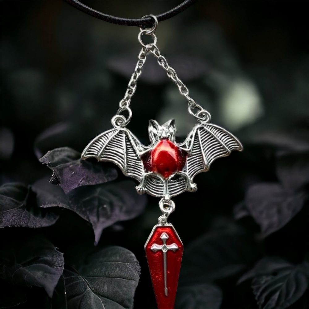 1pc‎ Red Bat & Coffin Gothic Bohemian Style Black Rope Necklace